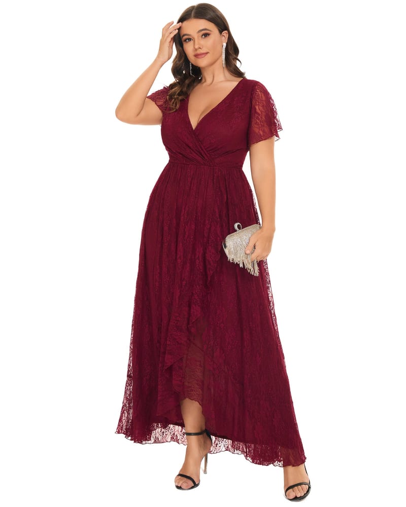 Front of a model wearing a size 18 Short Sleeve Ruffled V-Neck A-Line Lace Evening Dress in Burgundy by Ever-Pretty. | dia_product_style_image_id:284629